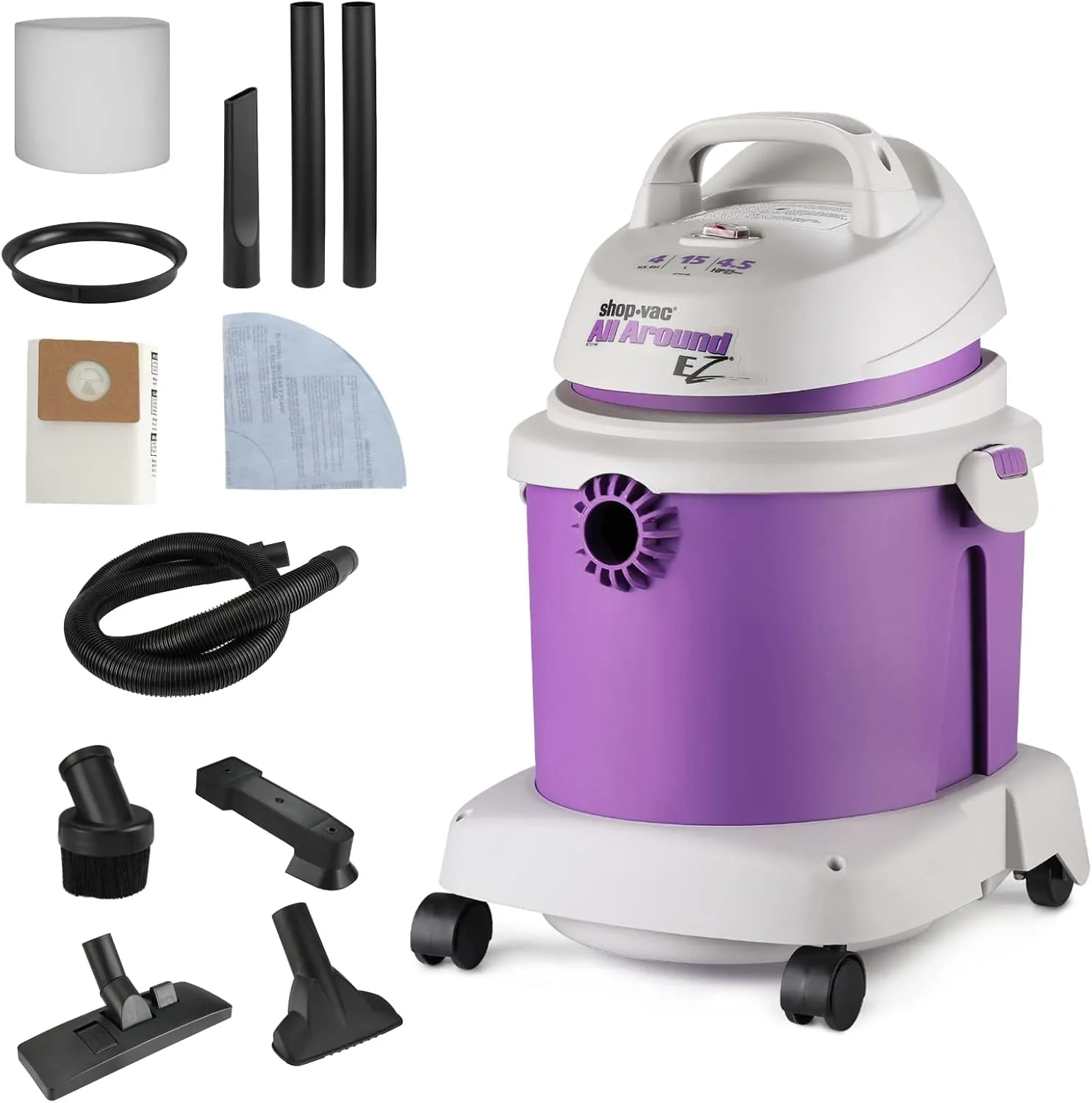 Shop-Vac 4 Gallon 4.5 Peak HP All Around EZ Series Wet/Dry Vacuum, Portable Compact Shop Vacuum, 3 in 1 Function with Wall Bracket & Attachments for Home, Apartment, Vehicles & Workshops. 5895400
