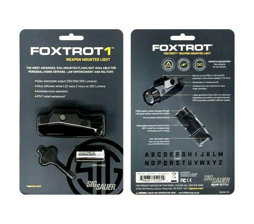Sig Sauer FOXTROT1 TACTICAL WHITE LIGHT, 100 200 300 LUMEN, RAIL MOUNT, BLACK