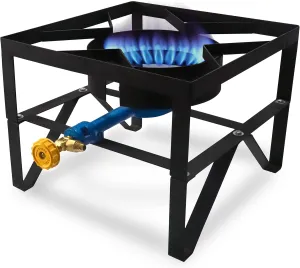 Single Burner Propane Gas Stove - Square Outdoor Propane Burner Heavy Duty - Portable Gas Stove Burner Propane Outdoor Burner -with Hose Pipe, Adjustable 0-20Psi Regulator for Home Brewing