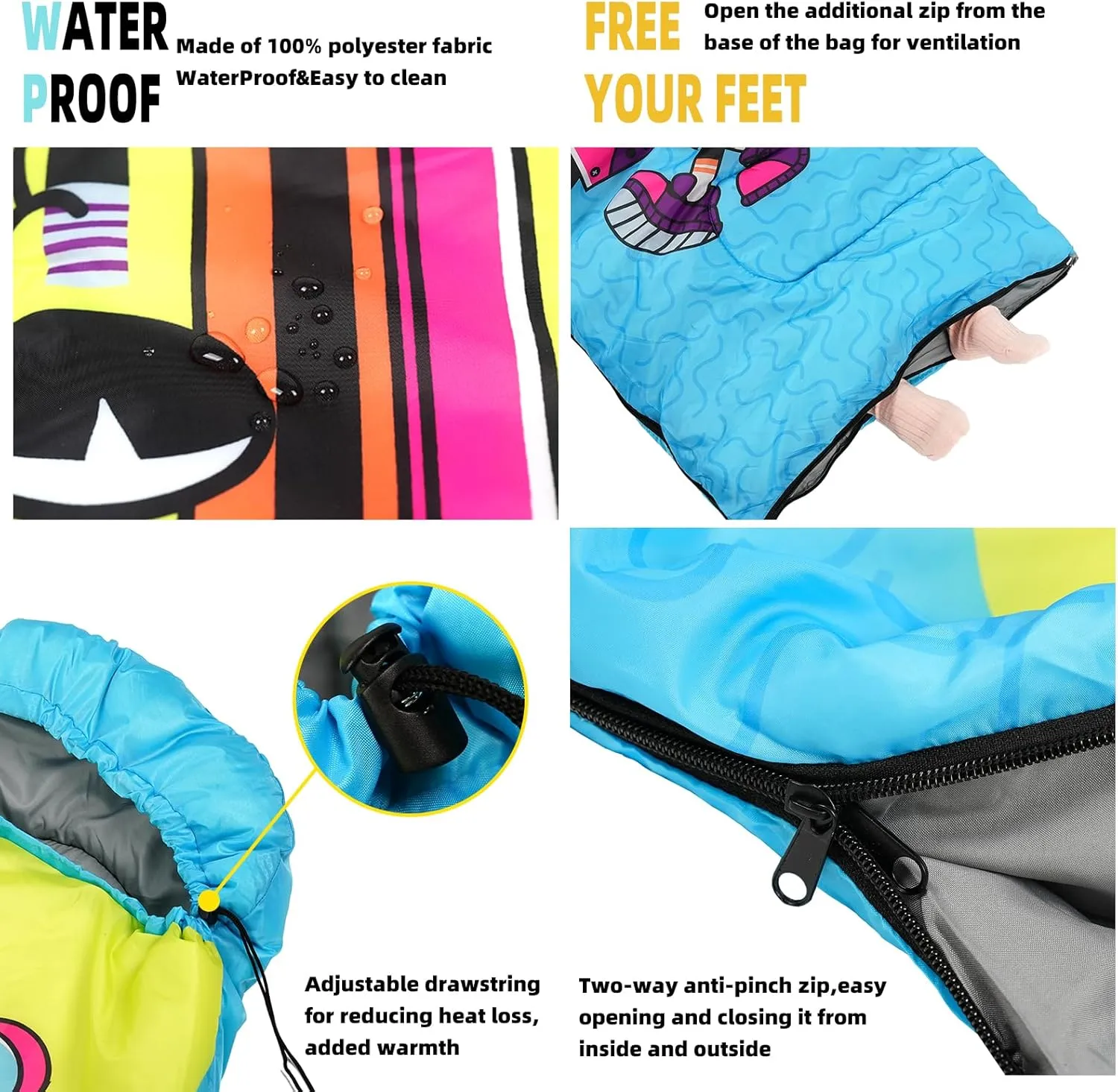 Sleeping Bag for Kids,Portable Camping Sleeping Bags for Boys&Girls with Cute Cartoon Print,Lightweight Waterproof Compact Sleeping Bag for Indoor Outdoor Hiking Travel