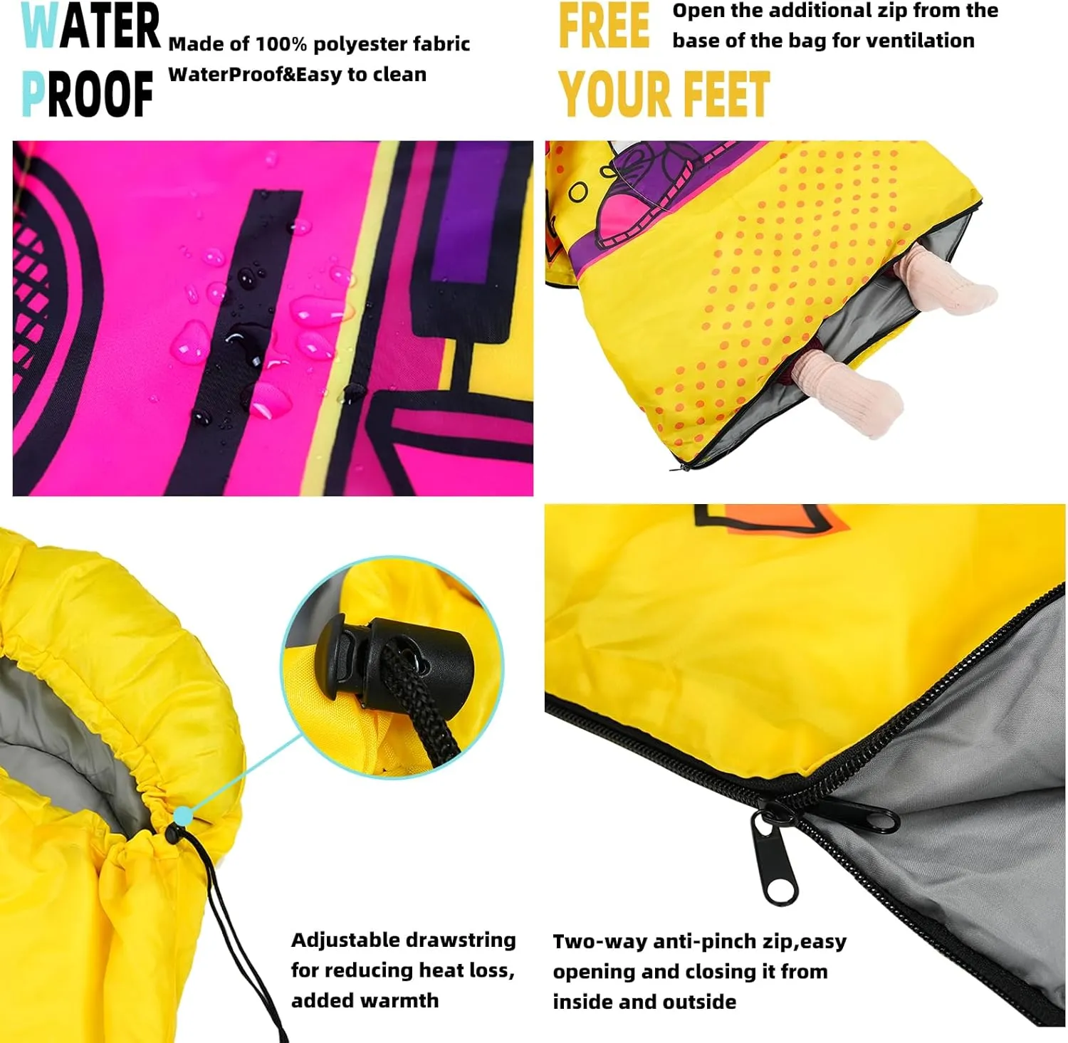 Sleeping Bag for Kids,Portable Camping Sleeping Bags for Boys&Girls with Cute Cartoon Print,Lightweight Waterproof Compact Sleeping Bag for Indoor Outdoor Hiking Travel