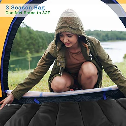 Sleeping Bag w/ Hood & Carry Case-Lightweight Envelope-Style 32F Rated