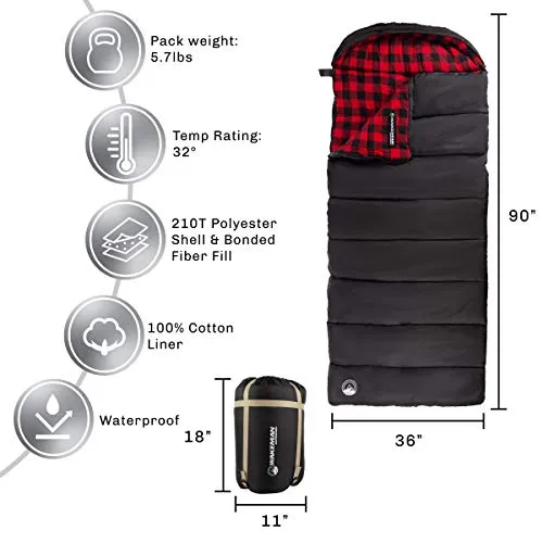 Sleeping Bag w/ Hood & Carry Case-Lightweight Envelope-Style 32F Rated