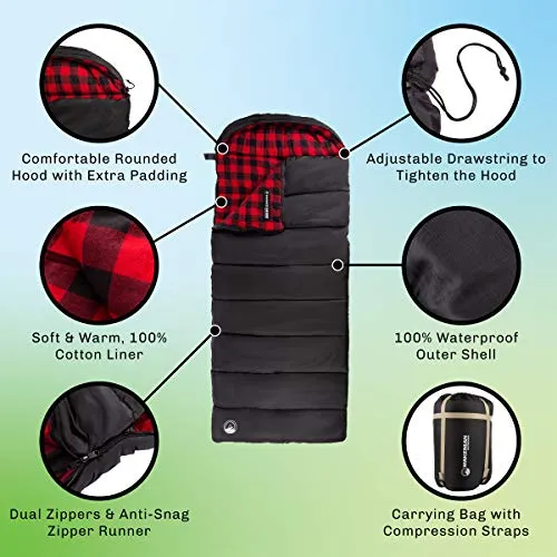 Sleeping Bag w/ Hood & Carry Case-Lightweight Envelope-Style 32F Rated