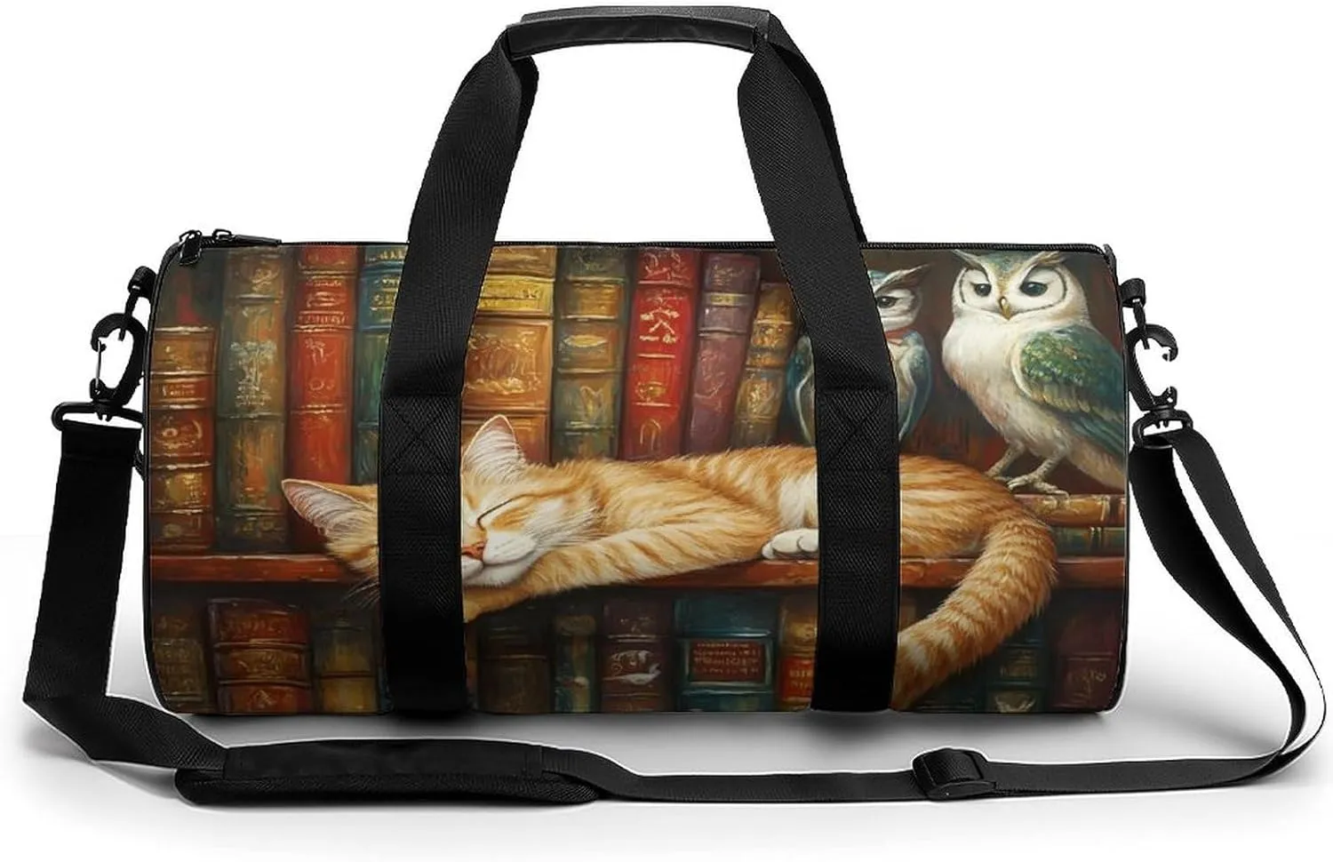 Sleeping Cat Bookshelf Owl Unisex Gym Bag Travel Duffel Bags Overnight Sport Tote with Compartment for Weekender Vacation