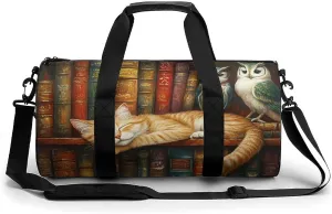 Sleeping Cat Bookshelf Owl Unisex Gym Bag Travel Duffel Bags Overnight Sport Tote with Compartment for Weekender Vacation