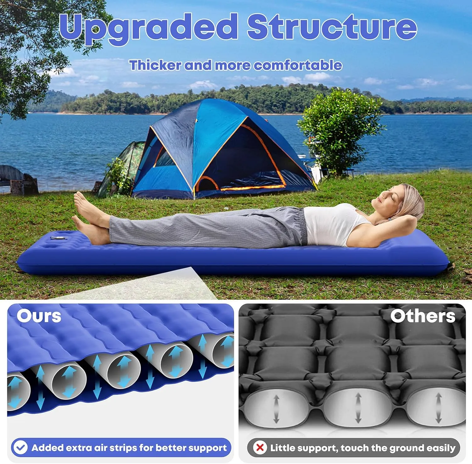 Sleeping Pad 4.7" Extra Thick, Upgraded Reinforced Support Structure with Built-in Foot Pump and Pillows Portable Camping Air Mattress Bed for Tent Backpacking Hiking