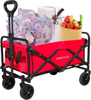 Small Collapsible Folding Red Pull Wagon Carts Foldable,for Apartment,Grocery,Travel,Camping, Shopping & Outdoor, Lightweight & Portable (9 Colors to Choose)