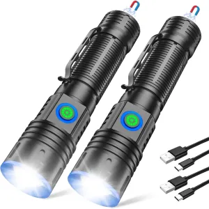 Small Flashlights High Lumens - LED Rechargeable Flashlight Long Beam Magnetic Flashlight Zoomable Waterproof for Home Emergency Search Tactical Spotlight Flash Light, 2 Pack