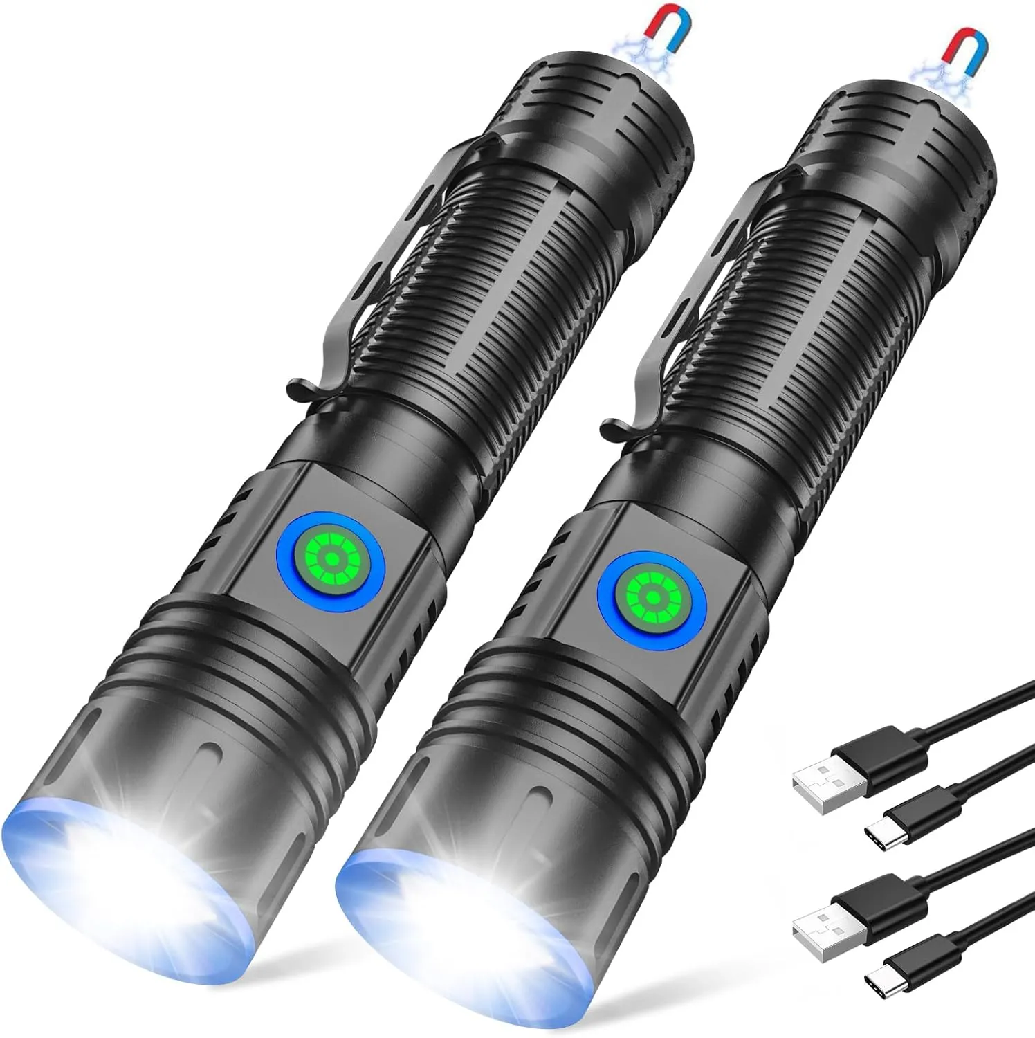 Small Flashlights High Lumens - LED Rechargeable Flashlight Long Beam Magnetic Flashlight Zoomable Waterproof for Home Emergency Search Tactical Spotlight Flash Light, 2 Pack