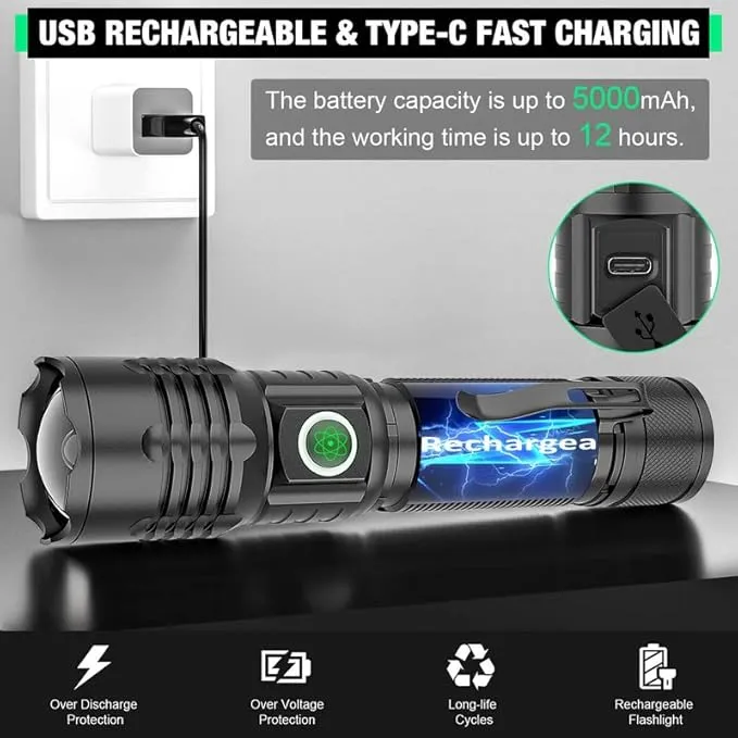 Small Powerful Flashlight, Super Bright 8000 Lumens LED Flashlight, Type-C Rechargeable, Zoomable, Waterproof Tactical Flashlight for Camping Emergency