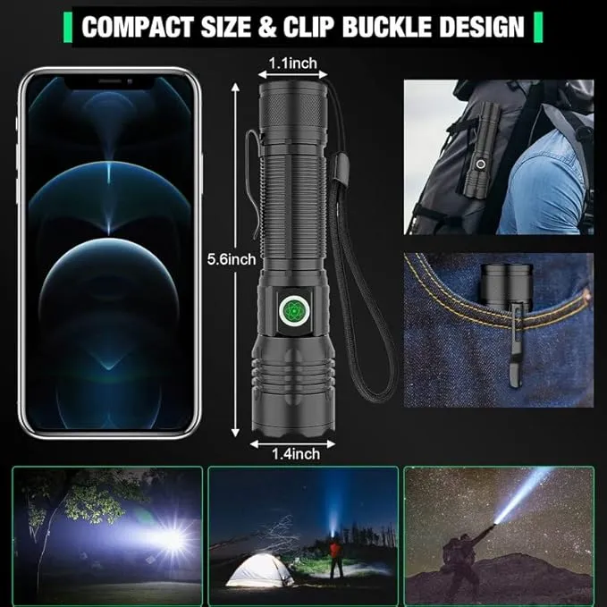 Small Powerful Flashlight, Super Bright 8000 Lumens LED Flashlight, Type-C Rechargeable, Zoomable, Waterproof Tactical Flashlight for Camping Emergency