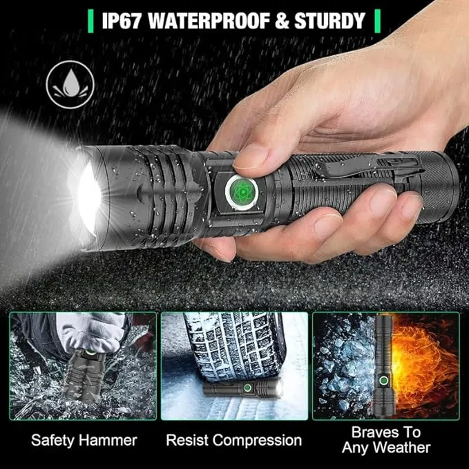 Small Powerful Flashlight, Super Bright 8000 Lumens LED Flashlight, Type-C Rechargeable, Zoomable, Waterproof Tactical Flashlight for Camping Emergency