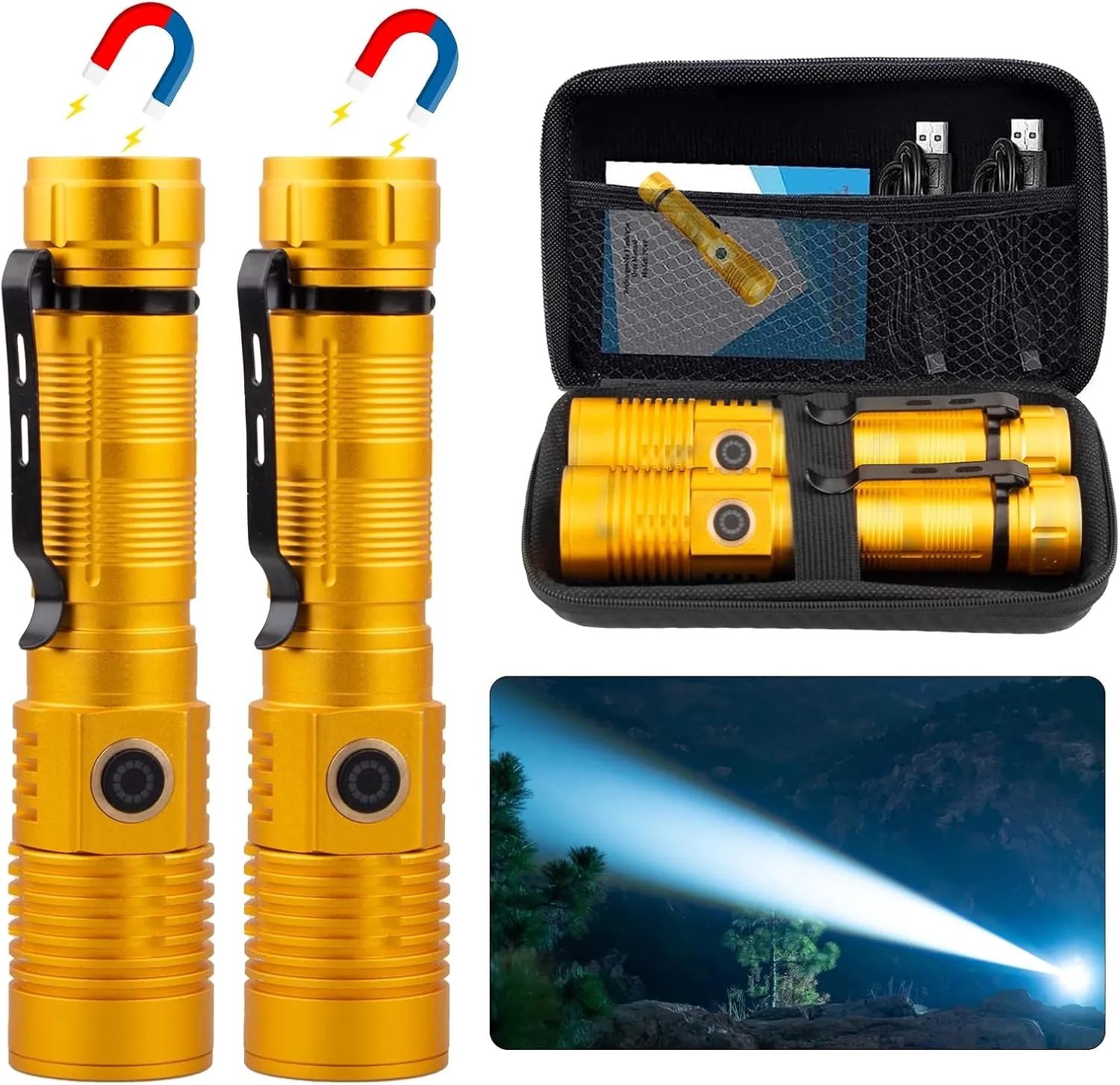 Small Tactical Flashlights High Lumens - 1500 Meters Long Beam Super Bright LED Magnetic Flashlight USB Rechargeable Zoomable 5Modes Long Beam Spotlight Flashlight for Hiking, Camping-Gold