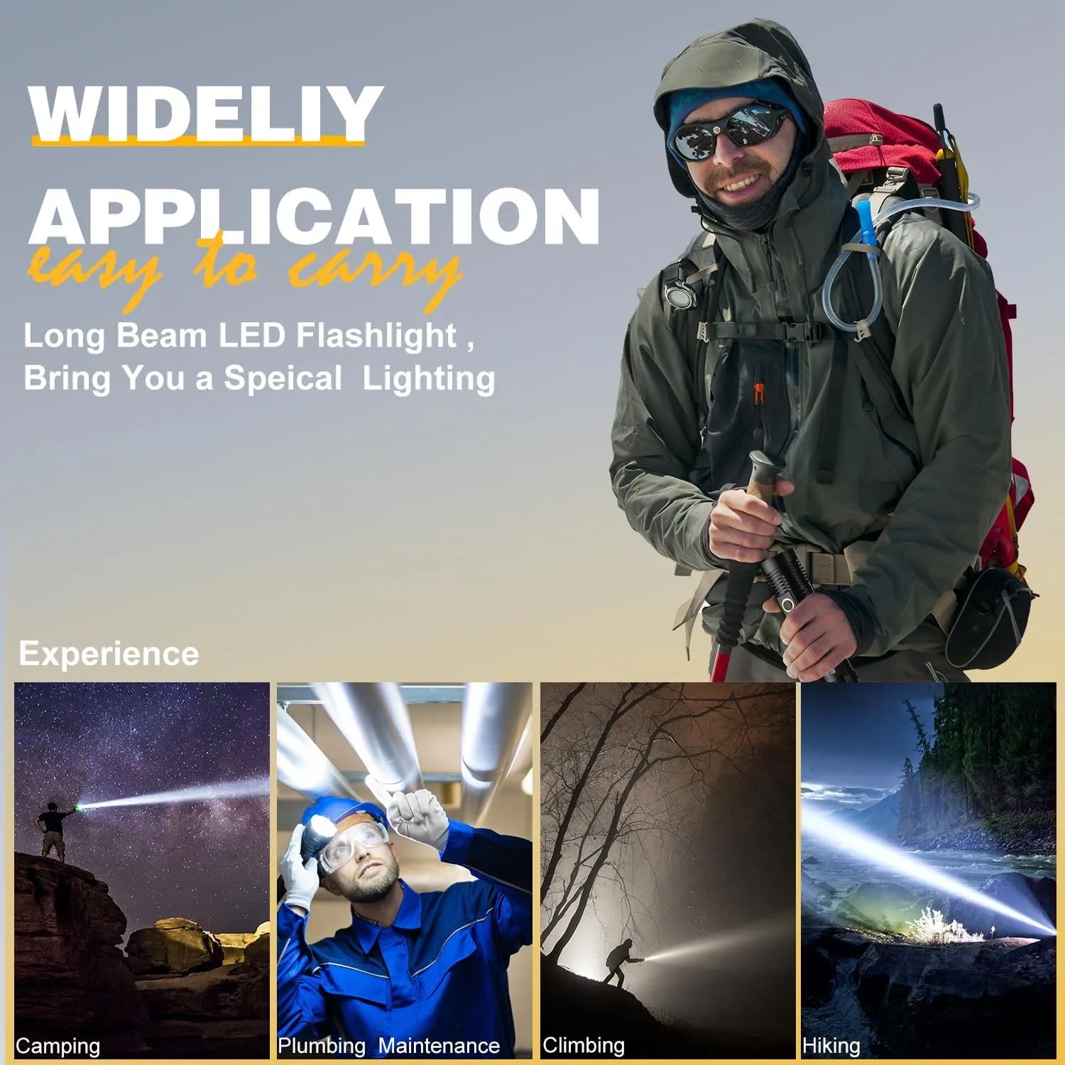Small Tactical Flashlights High Lumens - 1500 Meters Long Beam Super Bright LED Magnetic Flashlight USB Rechargeable Zoomable 5Modes Long Beam Spotlight Flashlight for Hiking, Camping-Gold