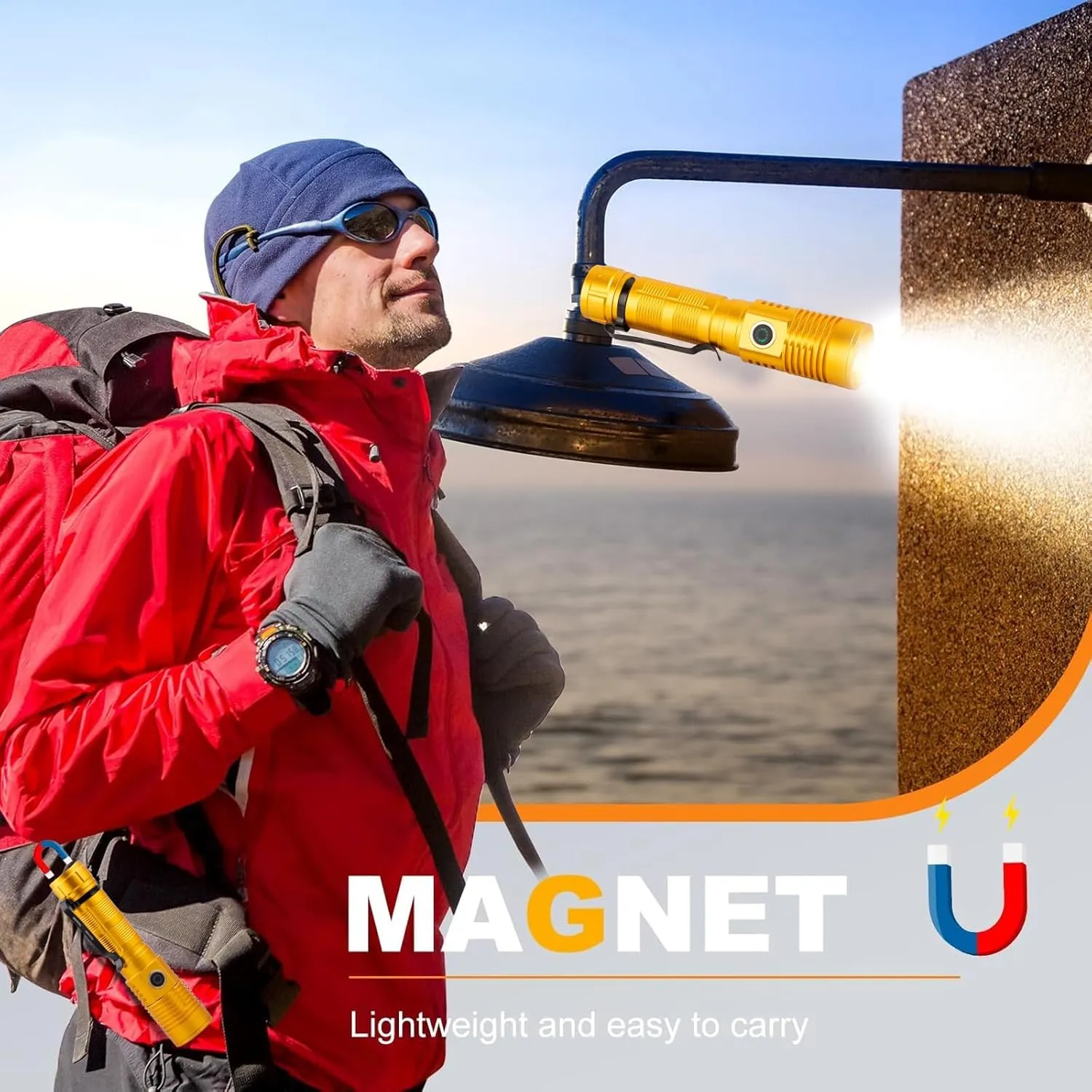 Small Tactical Flashlights High Lumens - 1500 Meters Long Beam Super Bright LED Magnetic Flashlight USB Rechargeable Zoomable 5Modes Long Beam Spotlight Flashlight for Hiking, Camping-Gold
