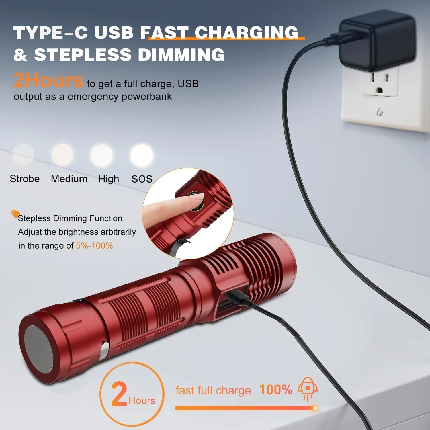 Small Tactical Flashlights High Lumens - 1500 Meters Long Beam Super Bright LED Magnetic Flashlight USB Rechargeable Zoomable 5Modes Long Beam Spotlight Flashlight for Hiking, Camping-Red