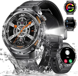 Smart Watch for Men(Answer/Make Calls), 100  Sport Modes Fitness Tracker, Flashlight/1.43'' AMOLED/Heart Rate/Sleep Monitor, 5ATM Waterproof Rugged Smart Watches Compatible Android iOS