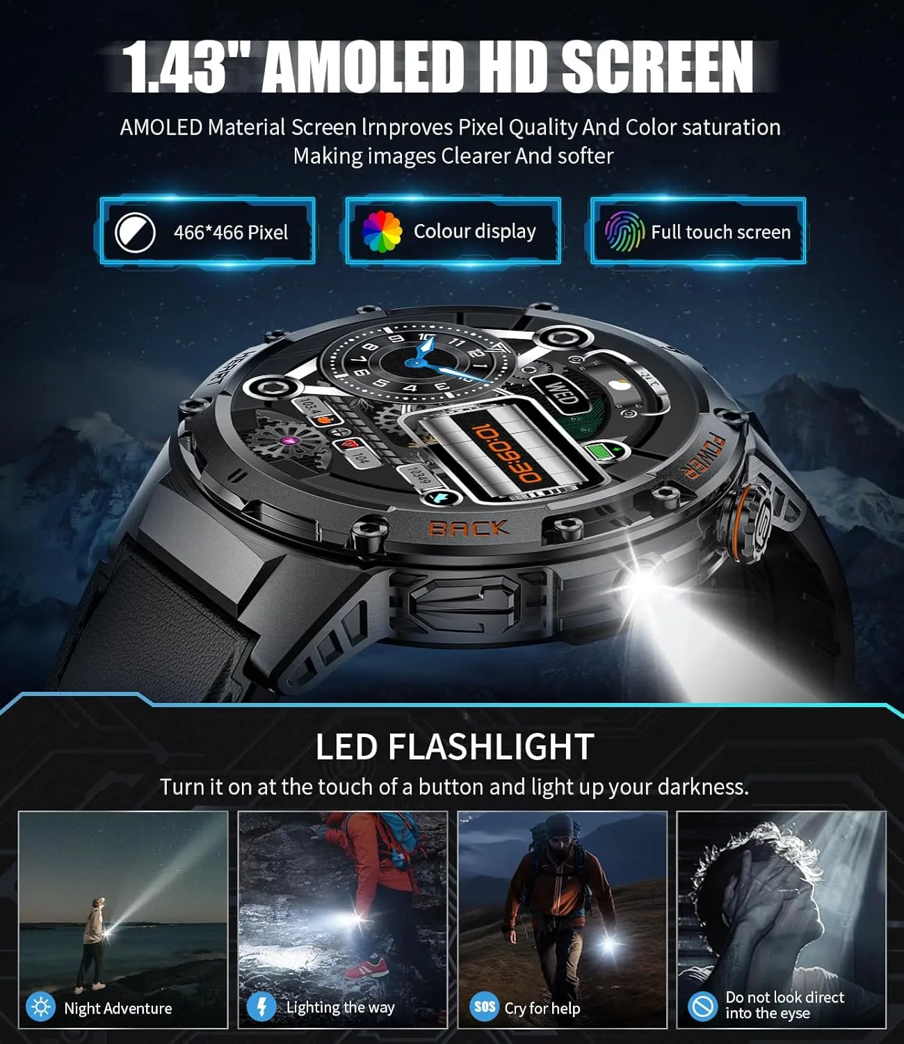 Smart Watch for Men(Answer/Make Calls), 100  Sport Modes Fitness Tracker, Flashlight/1.43'' AMOLED/Heart Rate/Sleep Monitor, 5ATM Waterproof Rugged Smart Watches Compatible Android iOS