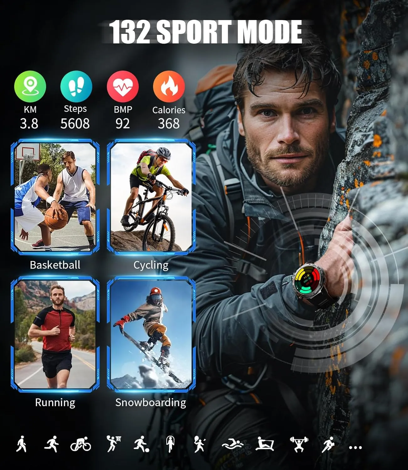 Smart Watch for Men(Answer/Make Calls), 100  Sport Modes Fitness Tracker, Flashlight/1.43'' AMOLED/Heart Rate/Sleep Monitor, 5ATM Waterproof Rugged Smart Watches Compatible Android iOS