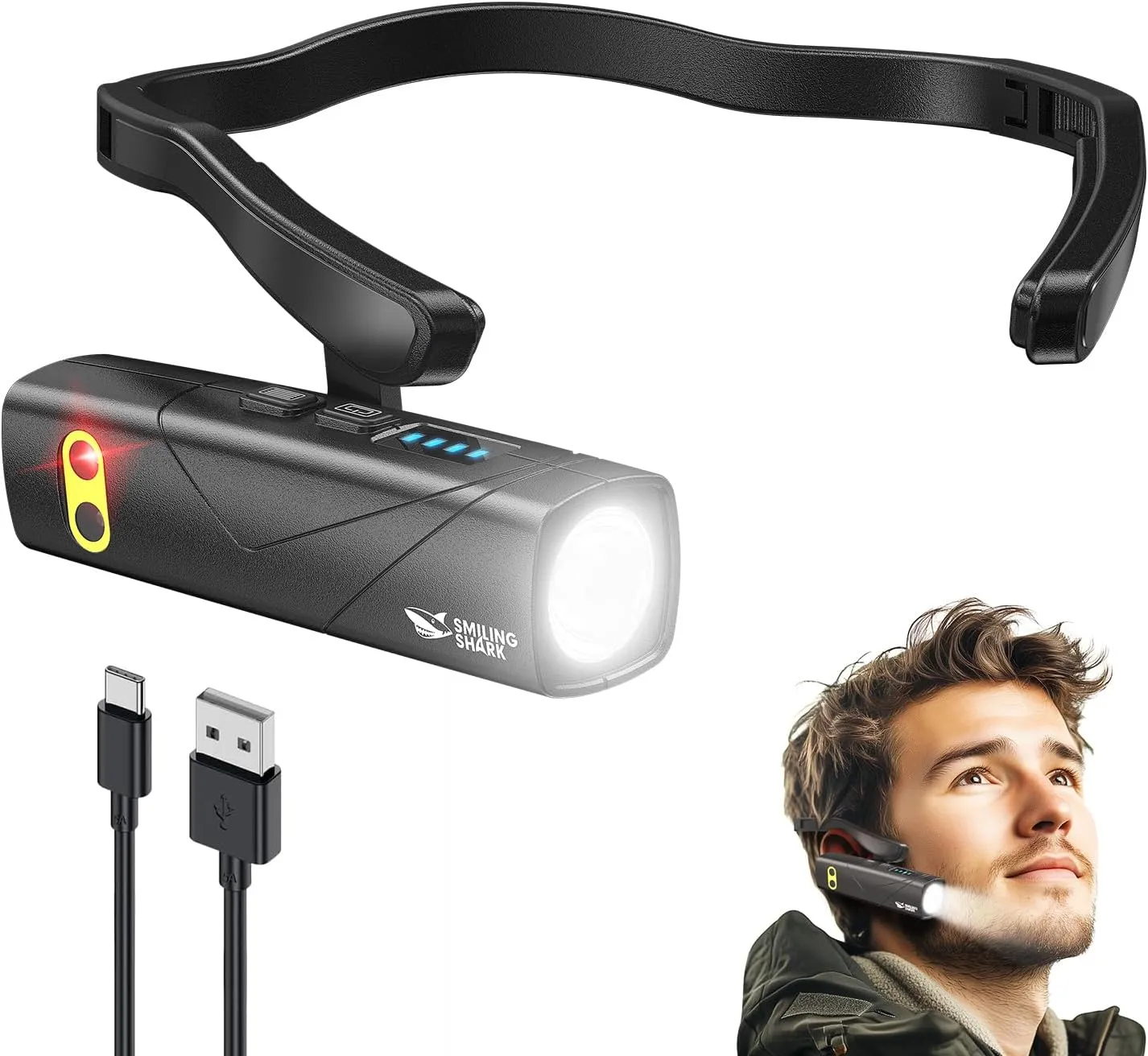 Smiling Shark Headlamp Rechargeable, 2025 New Ear-Mounted LED Head Lamp 1000 Lumen with Motion Sensor & 5 Modes in White and Red Light Headband Flashlight for Adults Camping Hiking Running Repairs