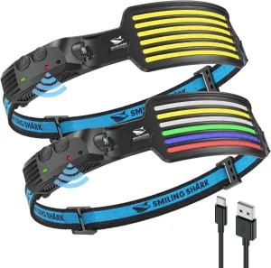Smiling Shark Rechargeable Headlamp, 2 Pack 230°Wide Angle 5*Colors Light LED Head Lamp with Motion Sensor Waterproof Headlight for Camping Fishing Hiking Outdoor, Head-Lamp-LED-Frontale-Rechargeable