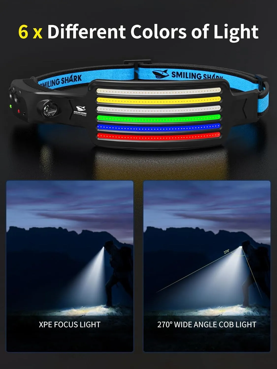 Smiling Shark Rechargeable Headlamp, 2 Pack 230°Wide Angle 5*Colors Light LED Head Lamp with Motion Sensor Waterproof Headlight for Camping Fishing Hiking Outdoor, Head-Lamp-LED-Frontale-Rechargeable