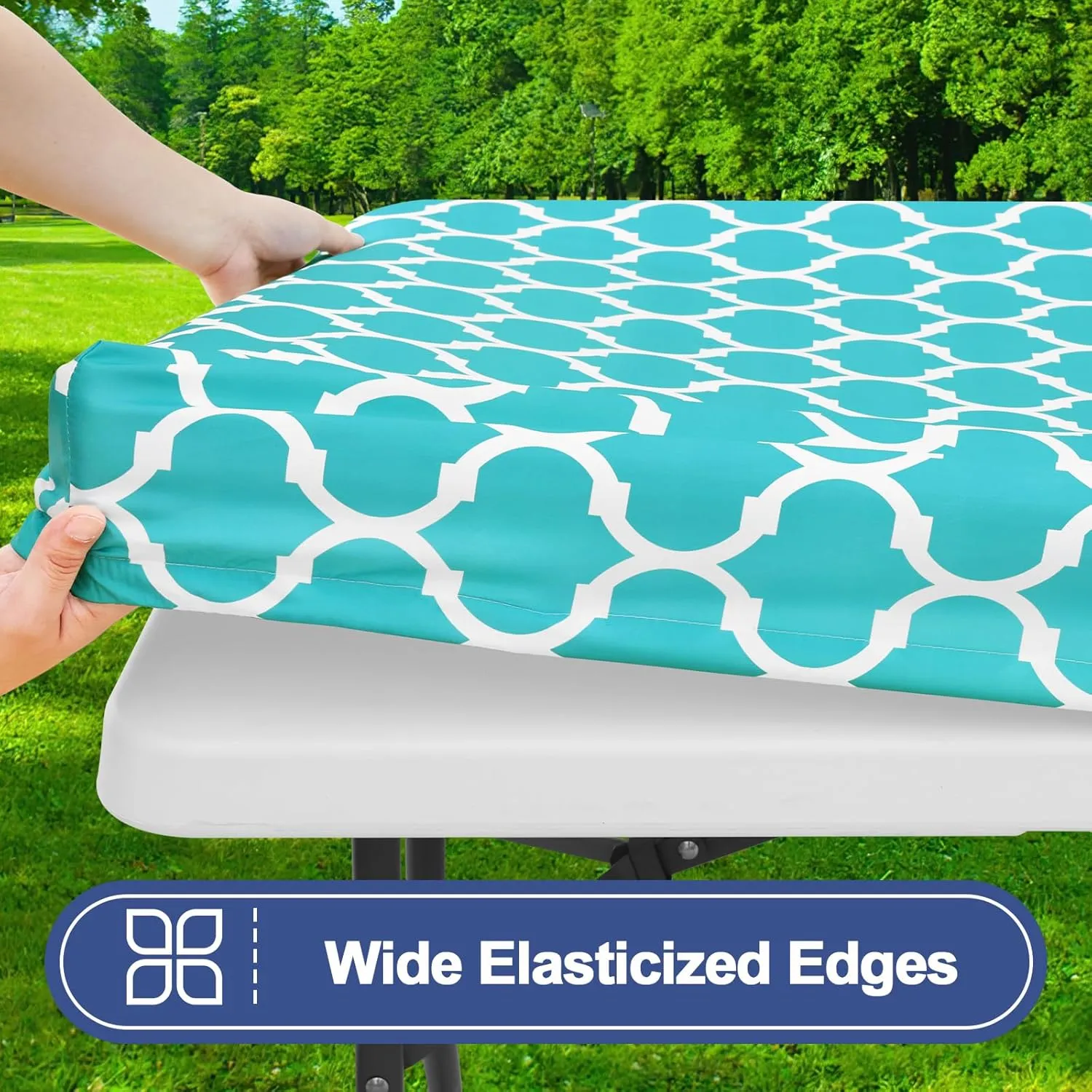 Smiry Picnic Table Cover with Bench Covers, Waterproof Elastic Fitted Tablecloth for 6 Foot Tables, Washable Polyester Tablecloths for Camping, Indoor & Outdoor (Teal Morocco, 30x72 Inch 3-pc Set)