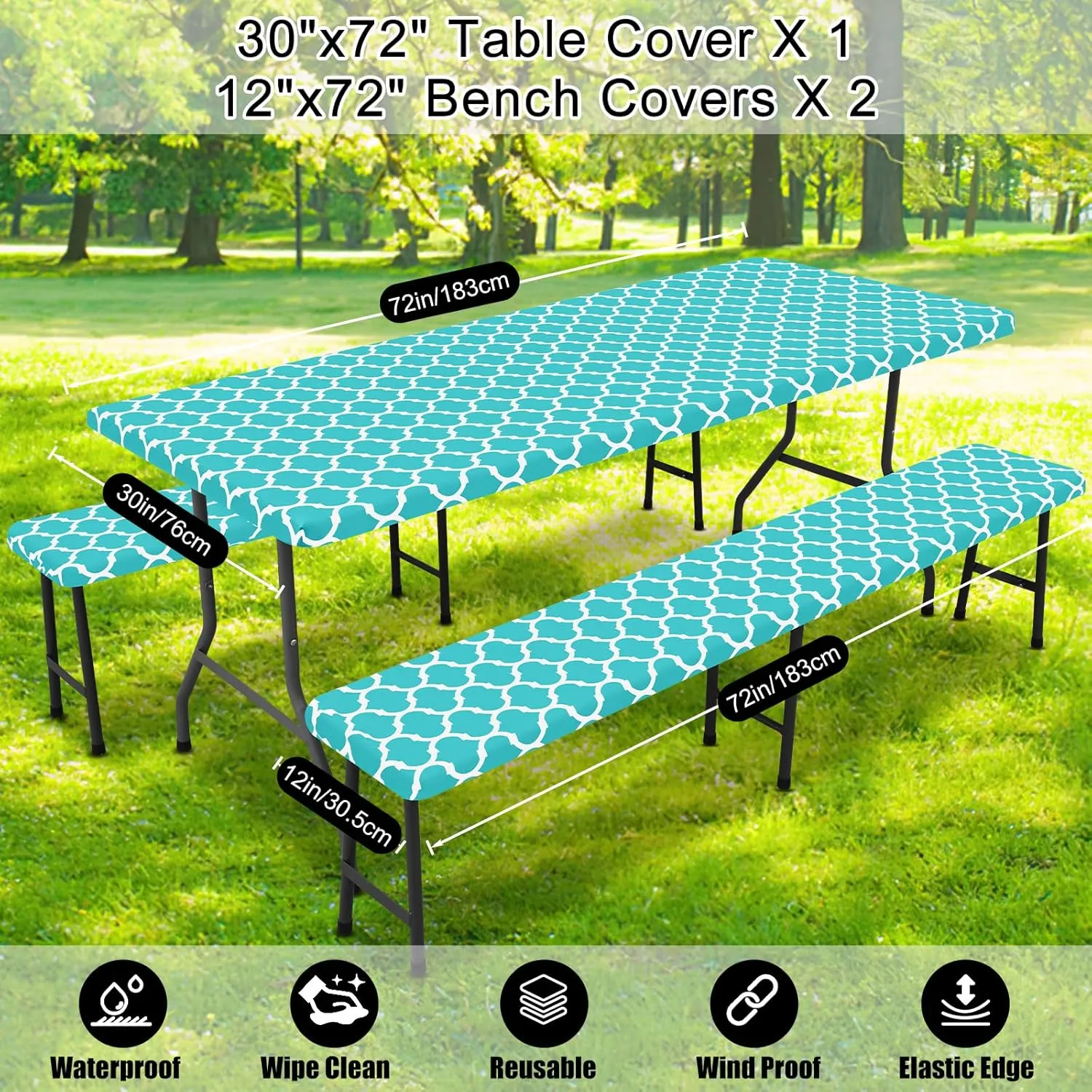 Smiry Picnic Table Cover with Bench Covers, Waterproof Elastic Fitted Tablecloth for 6 Foot Tables, Washable Polyester Tablecloths for Camping, Indoor & Outdoor (Teal Morocco, 30x72 Inch 3-pc Set)