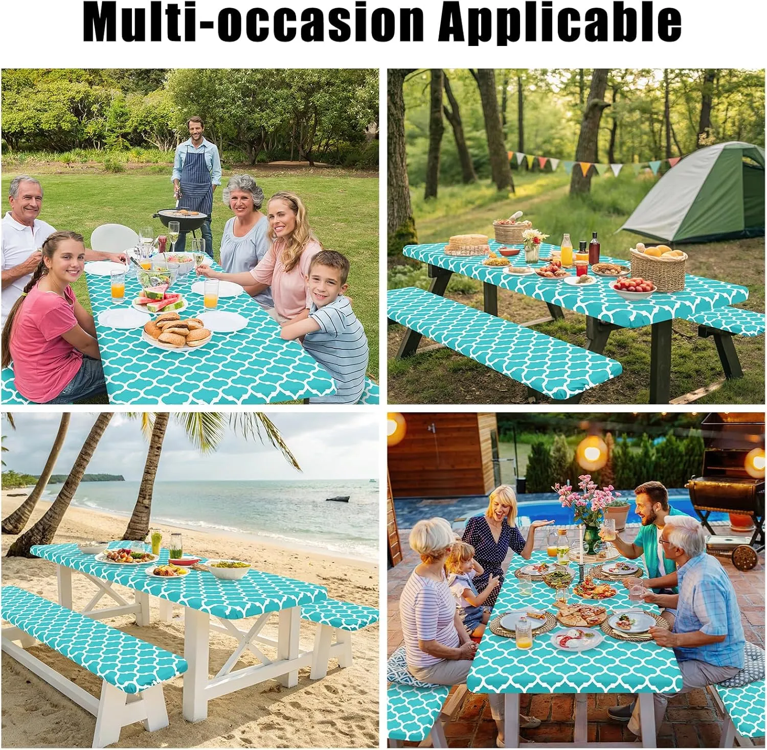 Smiry Picnic Table Cover with Bench Covers, Waterproof Elastic Fitted Tablecloth for 6 Foot Tables, Washable Polyester Tablecloths for Camping, Indoor & Outdoor (Teal Morocco, 30x72 Inch 3-pc Set)