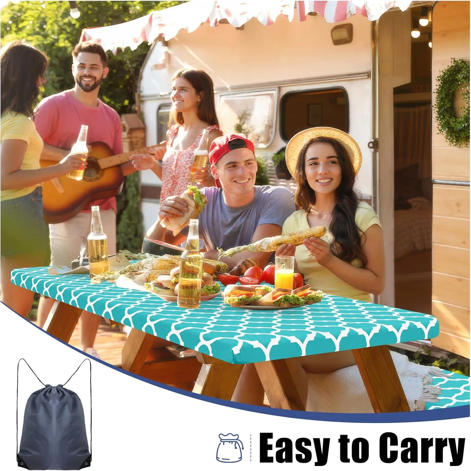 Smiry Picnic Table Cover with Bench Covers, Waterproof Elastic Fitted Tablecloth for 6 Foot Tables, Washable Polyester Tablecloths for Camping, Indoor & Outdoor (Teal Morocco, 30x72 Inch 3-pc Set)