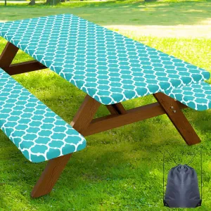 Smiry Picnic Table Cover with Bench Covers, Waterproof Elastic Fitted Tablecloth for 6 Foot Tables, Washable Polyester Tablecloths for Camping, Indoor & Outdoor (Teal Morocco, 30x72 Inch 3-pc Set)