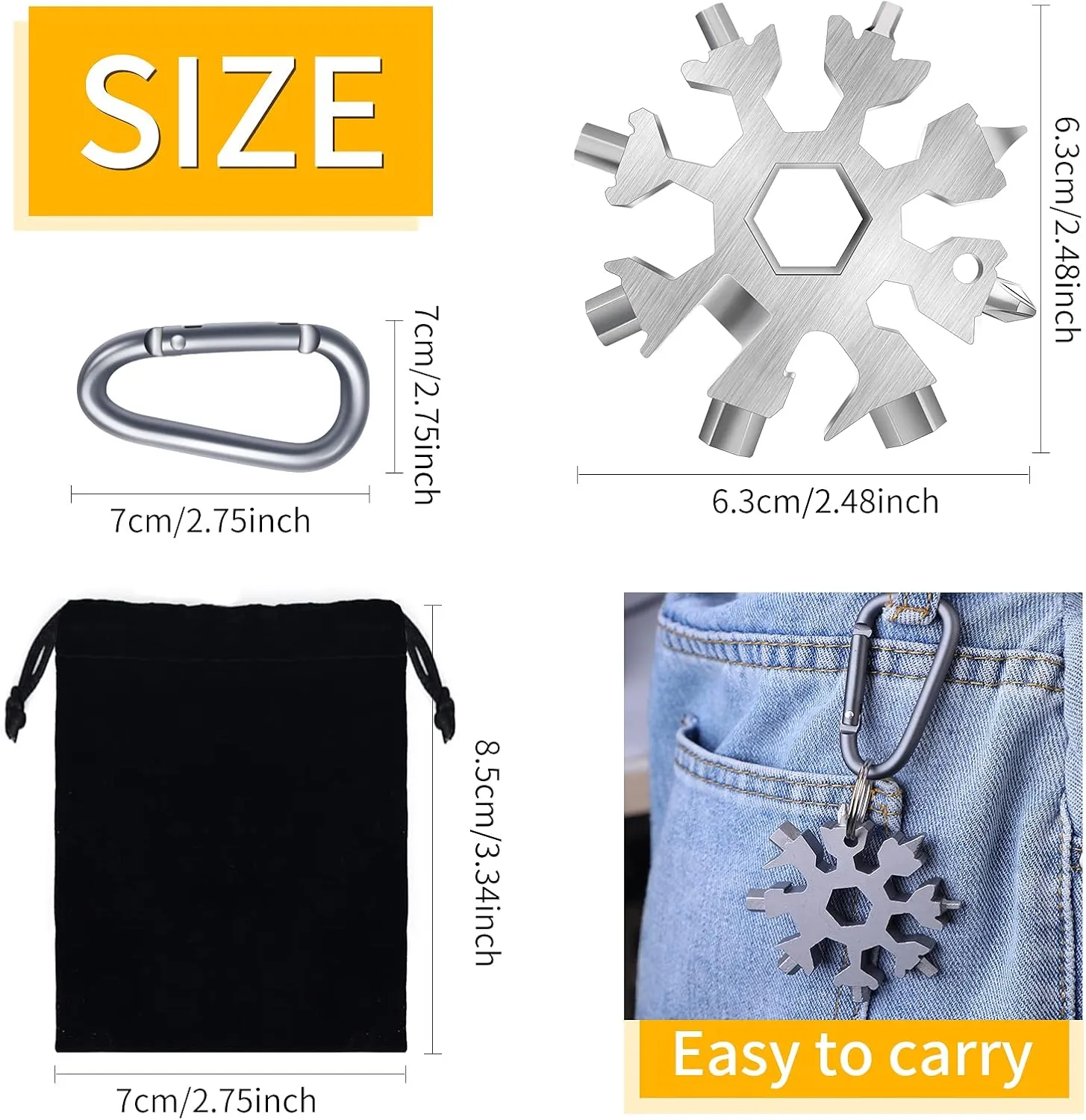 Snowflake Multitool, 5 Pieces 18-in-1 Stainless Steel Snowflake Standard Multitool, Snowflake Tool with Key Ring, Carabiner Clip and Gift Bag (Silver)
