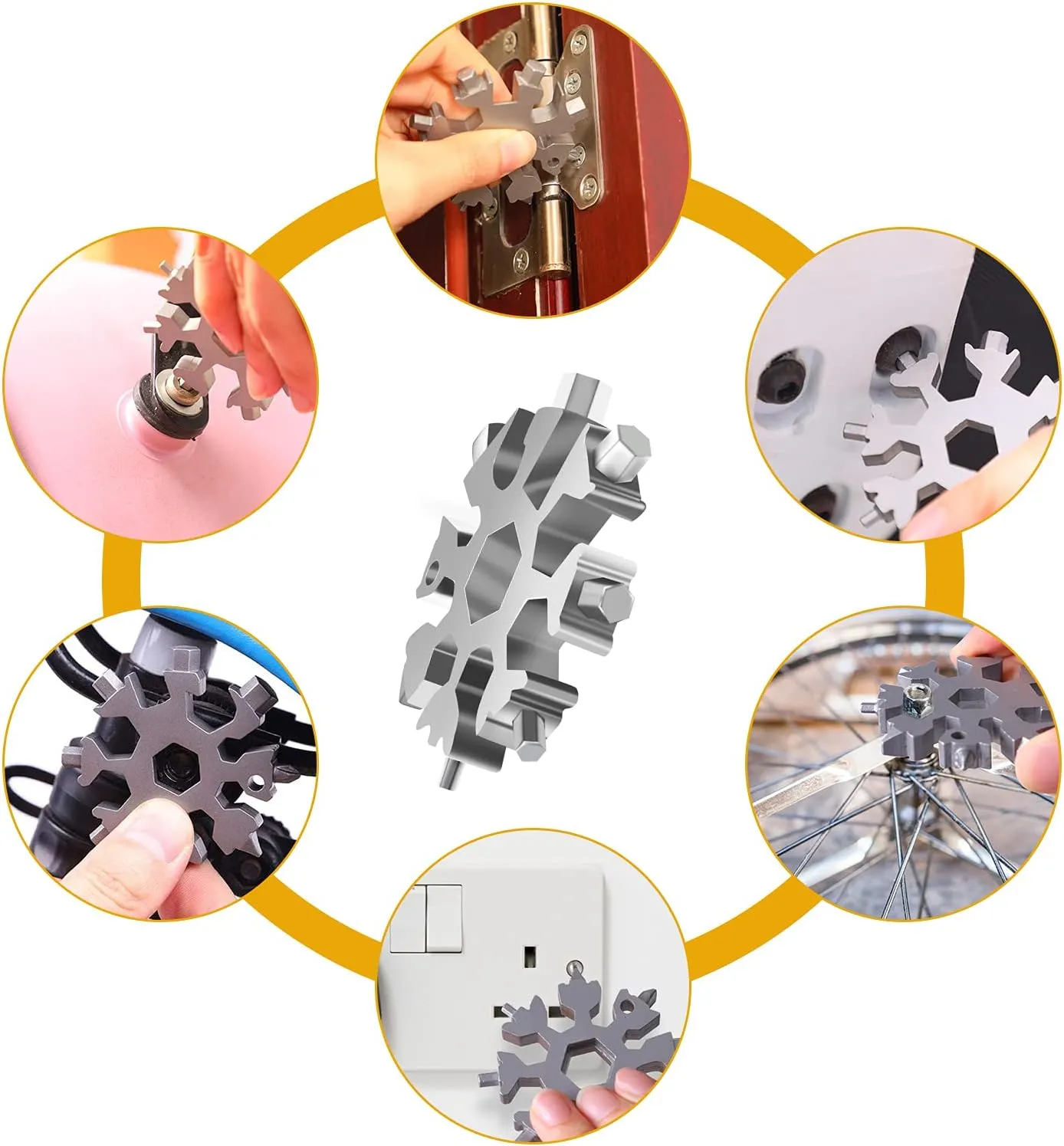Snowflake Multitool, 5 Pieces 18-in-1 Stainless Steel Snowflake Standard Multitool, Snowflake Tool with Key Ring, Carabiner Clip and Gift Bag (Silver)