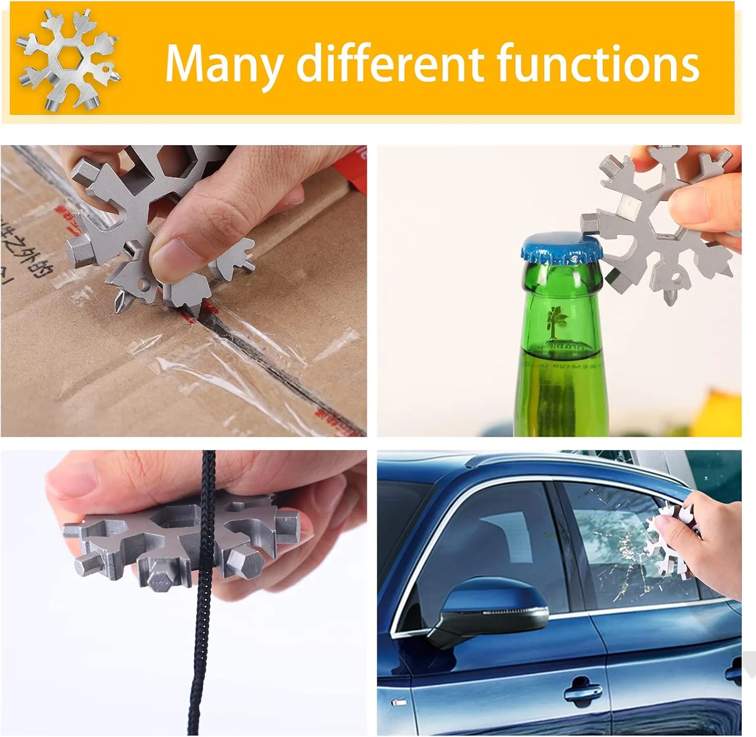 Snowflake Multitool, 5 Pieces 18-in-1 Stainless Steel Snowflake Standard Multitool, Snowflake Tool with Key Ring, Carabiner Clip and Gift Bag (Silver)