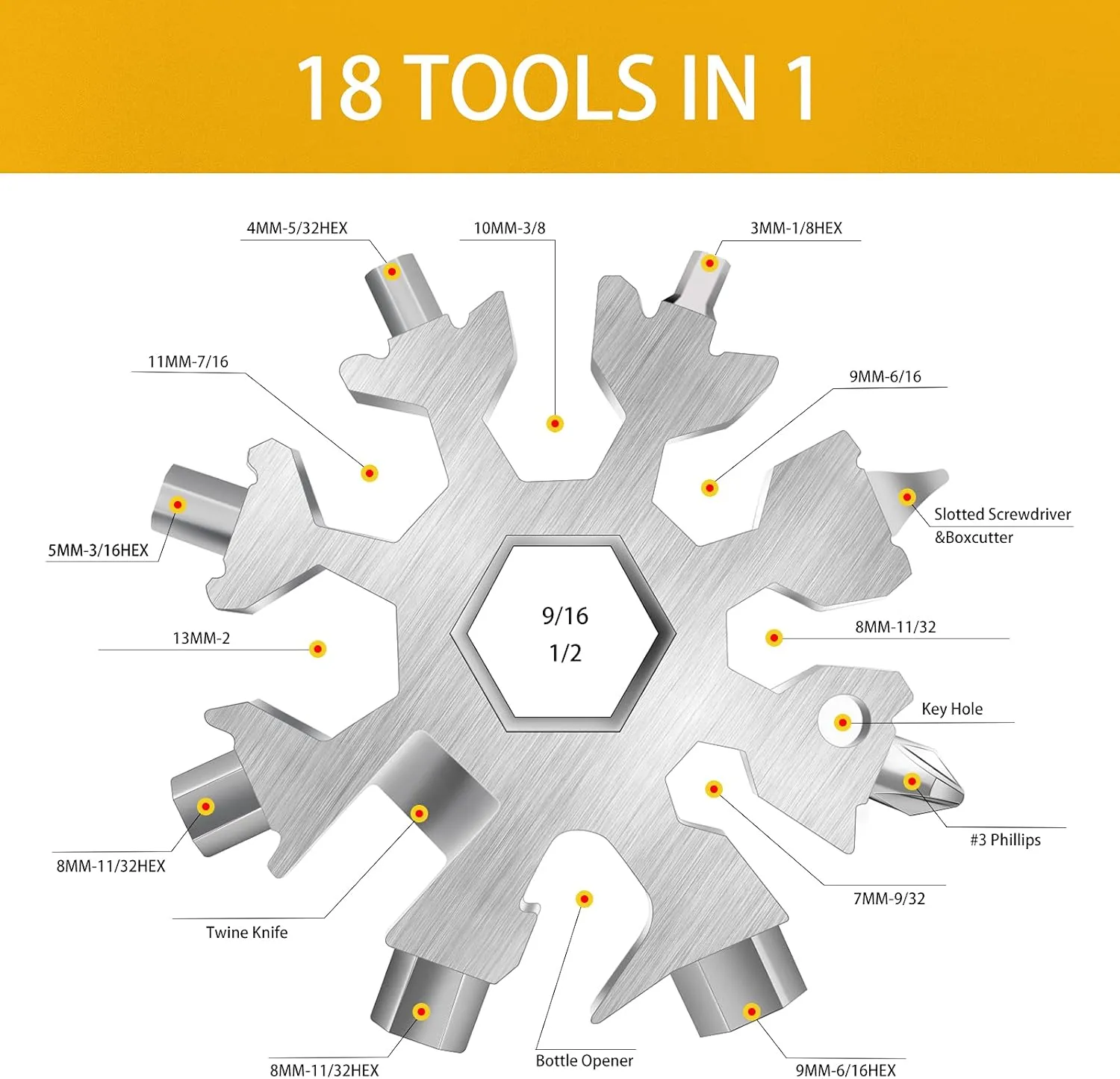 Snowflake Multitool, 5 Pieces 18-in-1 Stainless Steel Snowflake Standard Multitool, Snowflake Tool with Key Ring, Carabiner Clip and Gift Bag (Silver)