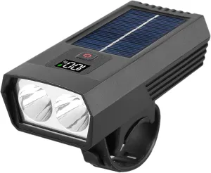 Solar Powered LED Bike Light Rechargeable Flashlight with Digital Display, Type-C and Solar Charging, Waterproof Headlamp for Night Cycling Safety