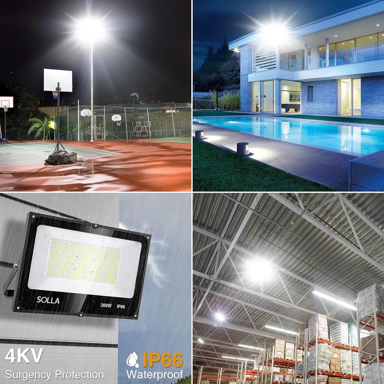 SOLLA 2024 New Upgraded 300W LED Stadium Flood Light with Dusk to Dawn Photocell, Extreme Bright 6000K 30000LM 110-265V, IP66 Waterproof, Perfect Arena Light for Garden, Rooftop, Backyards, Streets