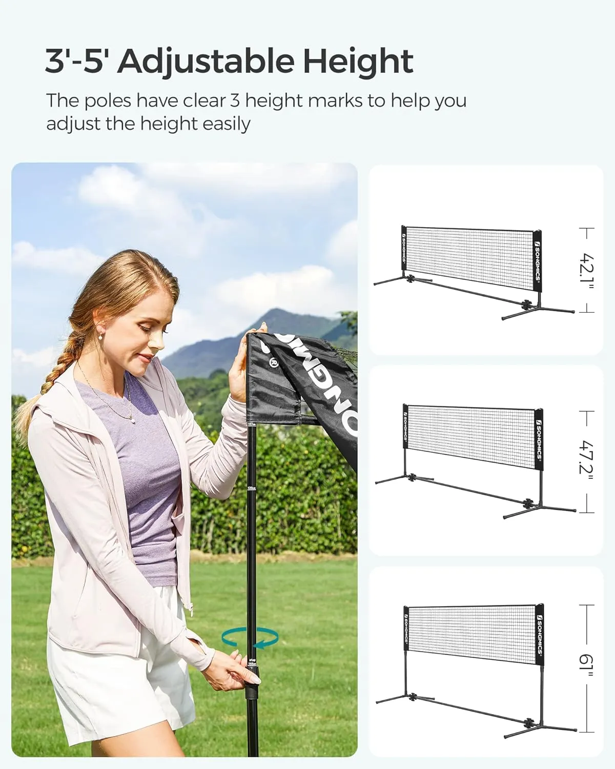 SONGMICS Badminton Net, Height Adjustable Volleyball Net, Pickleball Net for Junior Tennis, Kids, Indoor Outdoor Court, Foldable Nylon Net with Poles 10ft/13ft/16.5ft Wide
