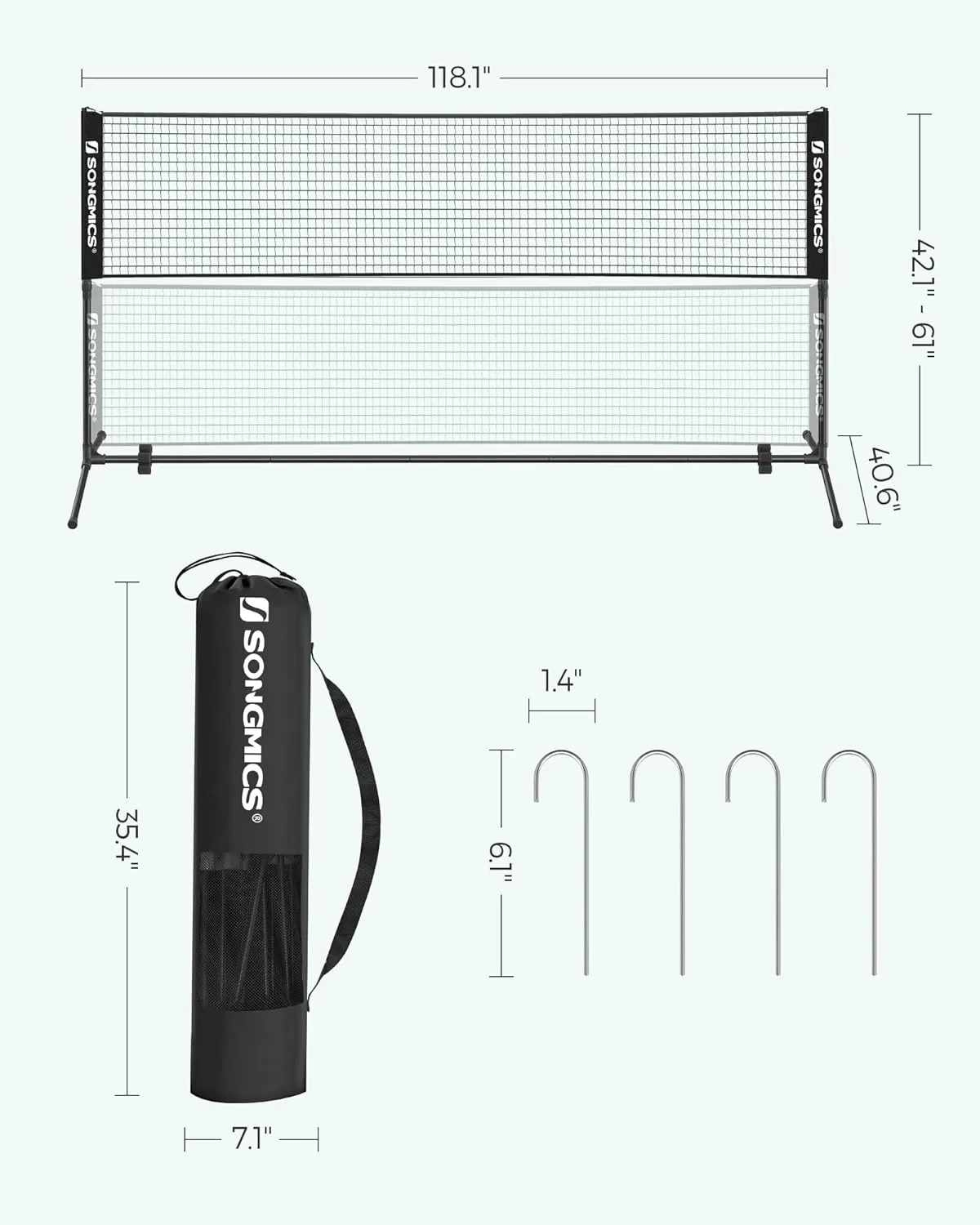 SONGMICS Badminton Net, Height Adjustable Volleyball Net, Pickleball Net for Junior Tennis, Kids, Indoor Outdoor Court, Foldable Nylon Net with Poles 10ft/13ft/16.5ft Wide