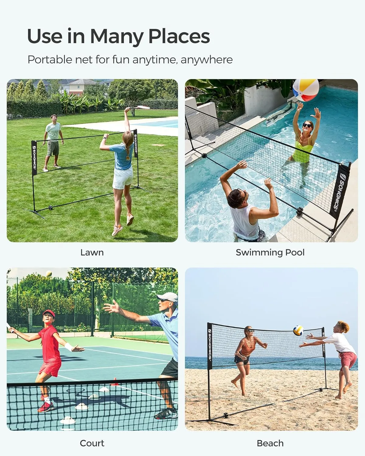 SONGMICS Badminton Net, Height Adjustable Volleyball Net, Pickleball Net for Junior Tennis, Kids, Indoor Outdoor Court, Foldable Nylon Net with Poles 10ft/13ft/16.5ft Wide