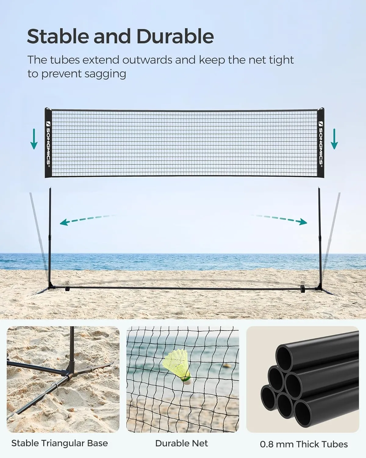 SONGMICS Badminton Net, Height Adjustable Volleyball Net, Pickleball Net for Junior Tennis, Kids, Indoor Outdoor Court, Foldable Nylon Net with Poles 10ft/13ft/16.5ft Wide