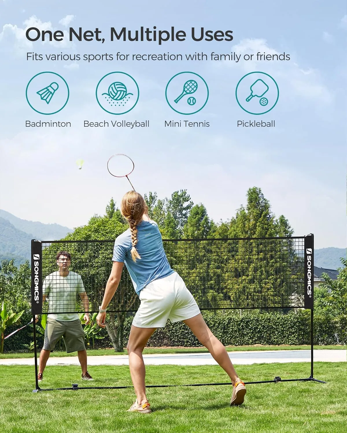 SONGMICS Badminton Net, Height Adjustable Volleyball Net, Pickleball Net for Junior Tennis, Kids, Indoor Outdoor Court, Foldable Nylon Net with Poles 10ft/13ft/16.5ft Wide