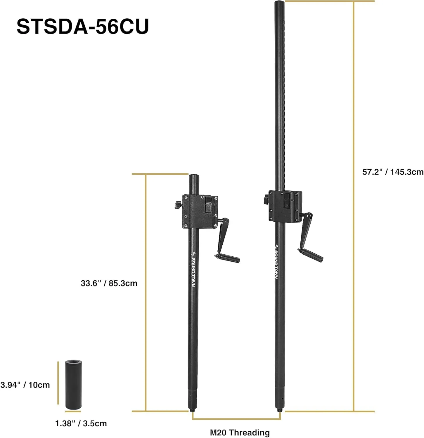 Sound Town 2-Pack Crank-Up Adjustable Height Speaker Subwoofer Poles (34"-57") with 35mm & M20 Mount Adapters, Carry Bag, 100 LB Load Capacity, Black (STSDA-56CU-PAIR)