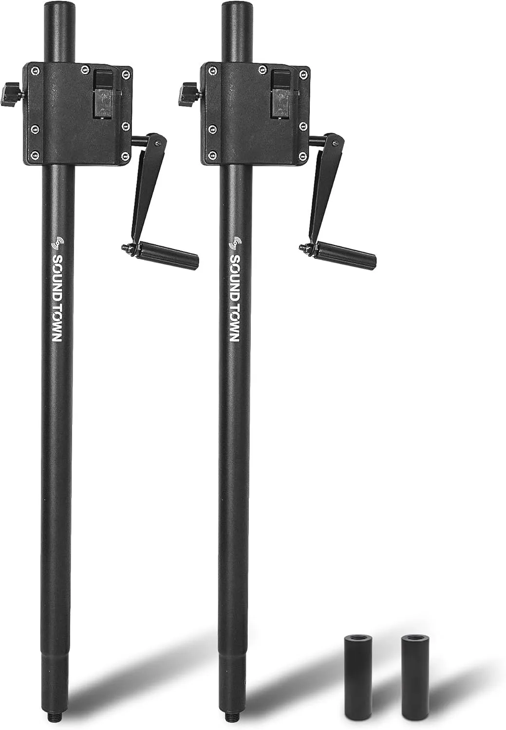 Sound Town 2-Pack Crank-Up Adjustable Height Speaker Subwoofer Poles (34"-57") with 35mm & M20 Mount Adapters, Carry Bag, 100 LB Load Capacity, Black (STSDA-56CU-PAIR)