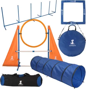 SparklyPets Dog Agility Training Equipment Set for Indoor & Outdoor – Complete Dog Agility Course for Dogs with Weave Poles, Pause Box, Tunnel, Tire & Hurdle Jump (Essential)