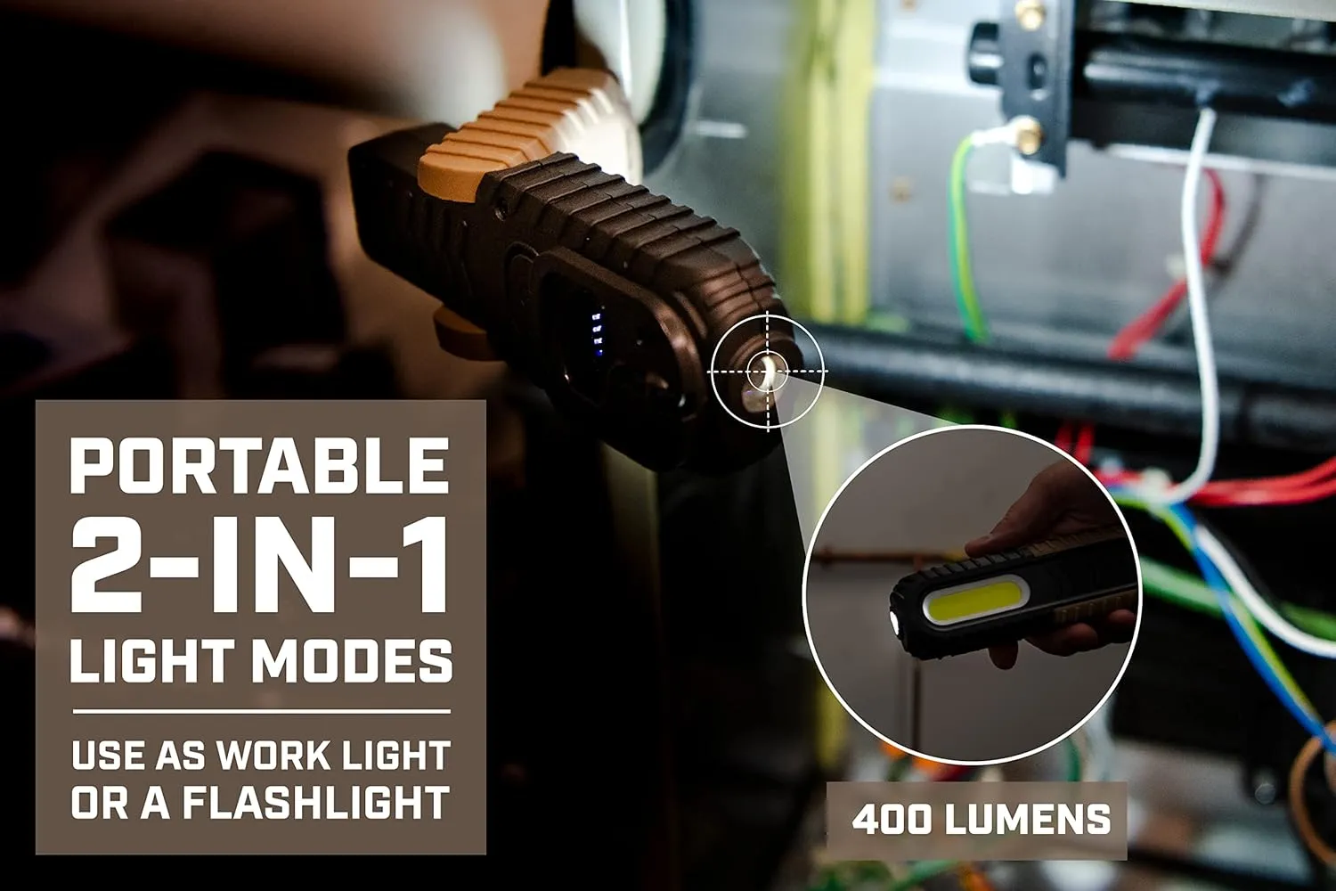 Spec Ops Tools 2-in-1 Rechargeable LED Work Light   Flashlight, 150-400 Lumens, Waterproof, Magnetic Base with Hook, 3 Light Modes, 3percent Donated to Veterans, SPEC-FLASHT