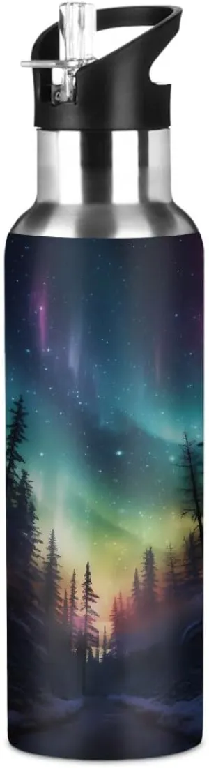 Sport Water Bottle with Straw Fantasy Northern Lights Aurora Kids Water Bottle Stainless Steel Insulated Leakproof Vacuum Insulated Tumblers for School Travel