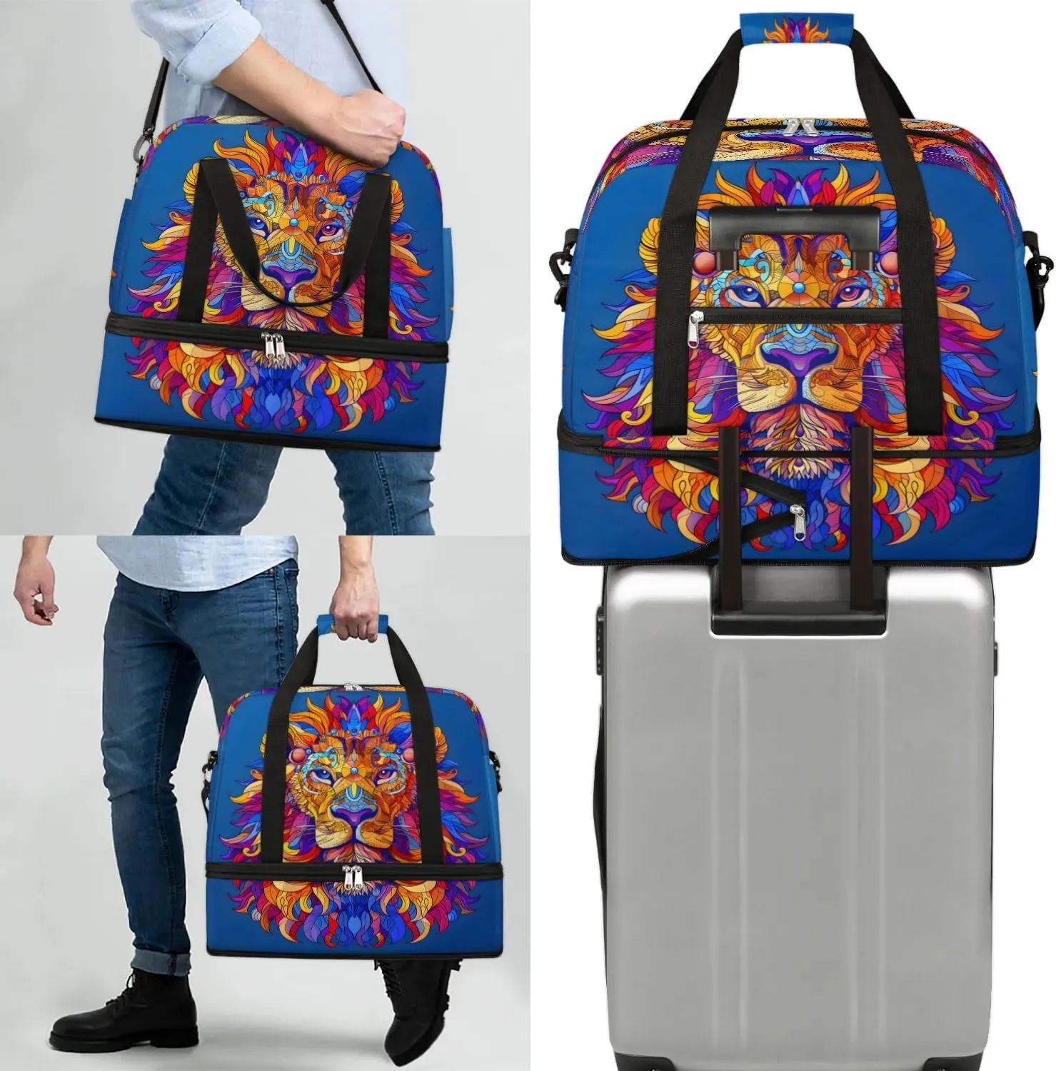 Sports Duffel Bag, Foldable Cool Lion Travel Duffel Bag, Gym Yoga Beach Bag Weekender Overnight Bag with Shoes Compartment for Men Women, African Animals