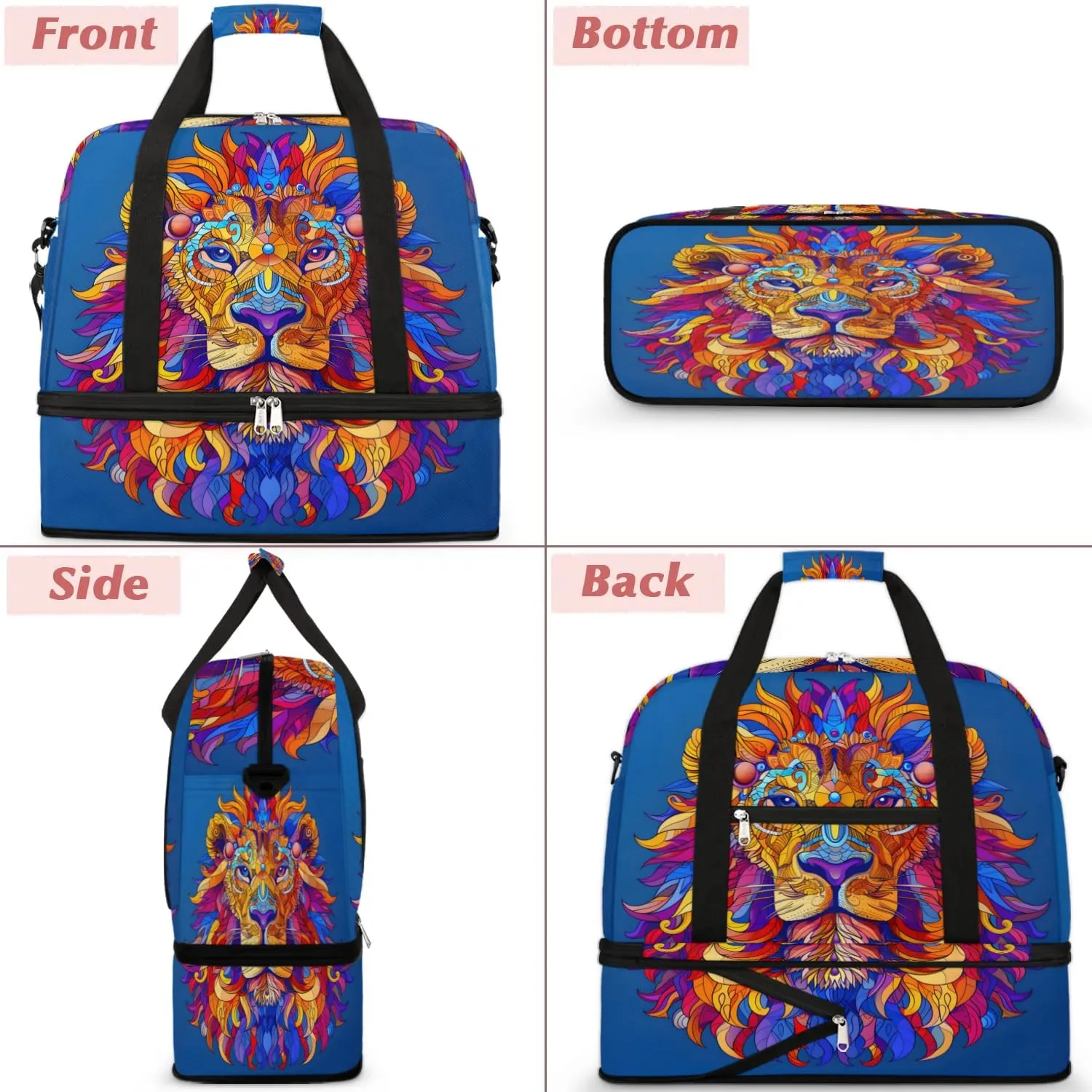 Sports Duffel Bag, Foldable Cool Lion Travel Duffel Bag, Gym Yoga Beach Bag Weekender Overnight Bag with Shoes Compartment for Men Women, African Animals